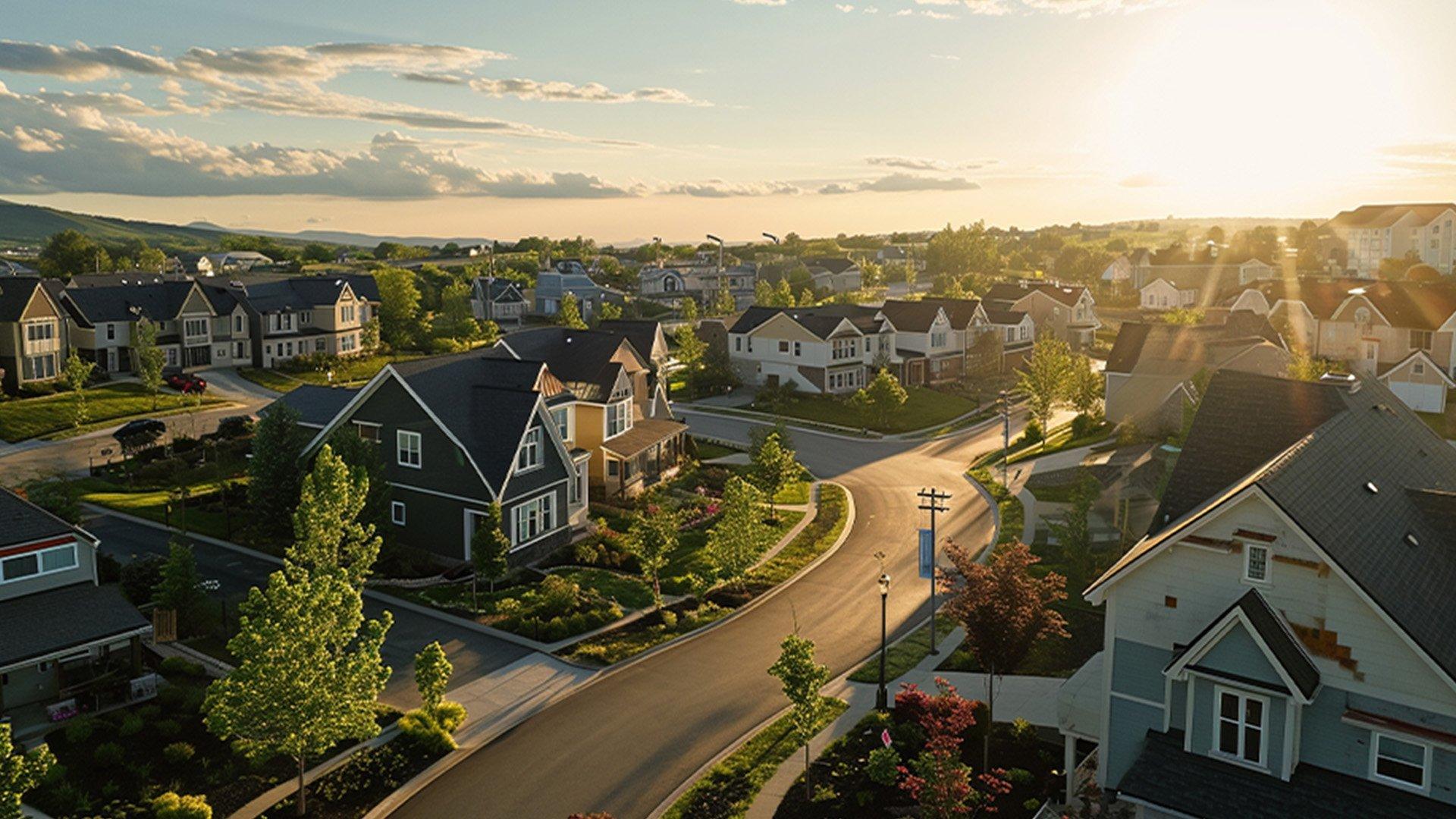 View from above a manicured residential neighborhood as the sun rises.